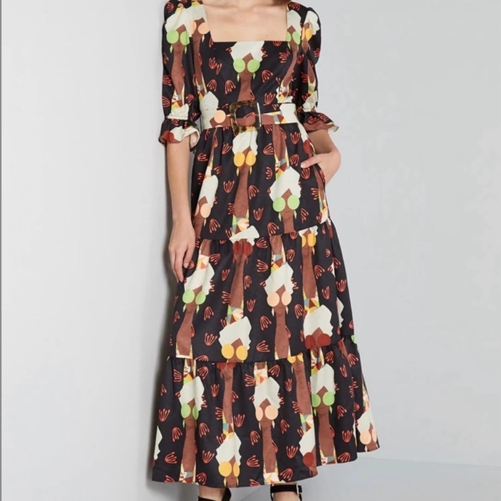 NWT Modcloth 'Lets Go Boho' Brown & Black Maxi 1/2 sleeve Dress